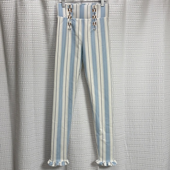 Carbon38 Corset ruffle Light Blue striped Cropped Pants SZ XS EUC workout cute - Picture 2 of 8